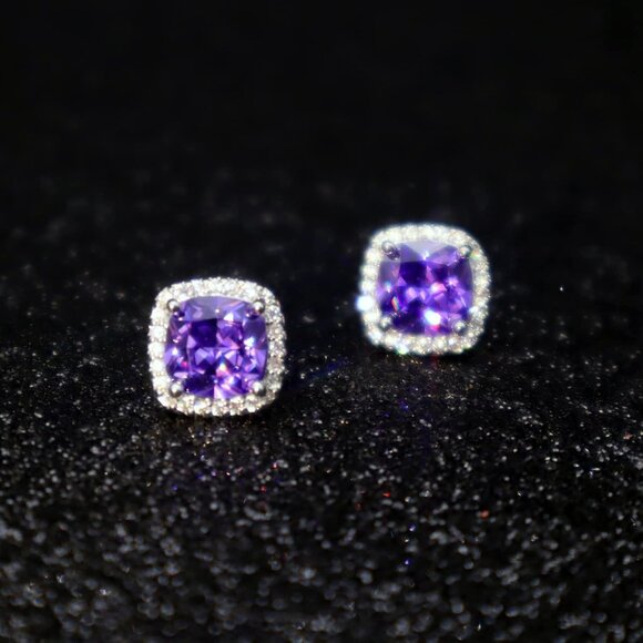 Women's Square Birthstone Cubic Zirconia Mall Dainty Purple Elegant Earring - Picture 5 of 6
